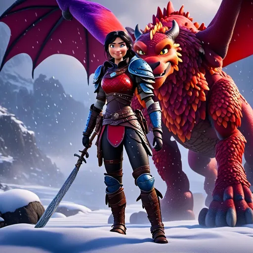 Prompt: <mymodel>CGi Animation, 20-year-old viking woman warrior with blue eyes, a snowy scene, the viking woman has a subtle smile, black hair, she has red gear, yellow armor with bursts of purple splotches, black pants, black boots, she is standing next to a bright red dragon with purple highlights, they are both in the rain