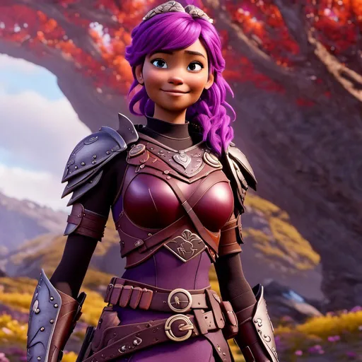 Prompt: <mymodel>CGi Animation, 20-year-old viking woman with one hair braid, caucasian, subtle smile, purple hair, light blue eyes, {{purple gear, purple armor}}, silver textures and highlights, unreal engine 8k octane, 3d lighting, full body, full armor