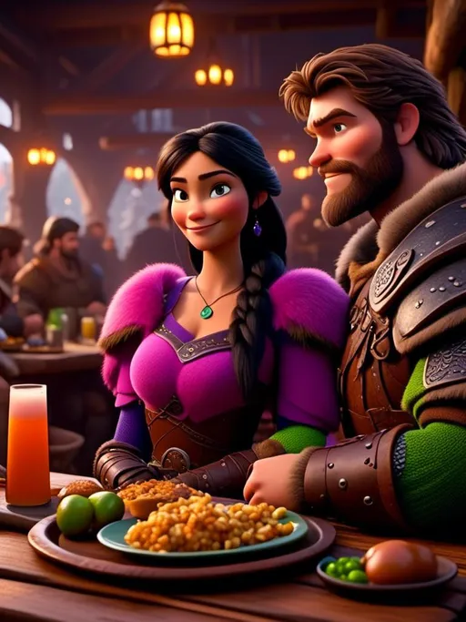 Prompt: <mymodel>CGI Animation, digital art, 20-year-old-old viking woman of royalty standing a busy tavern having a meal with her husband Jarl, {{the woman has pink gear, purple armor}}, black hair, straight hair with a tiara, subtle smile, Jarl has green armor and brown gear, unreal engine 8k octane, 3d lighting, close up camera shot on the face, full armor