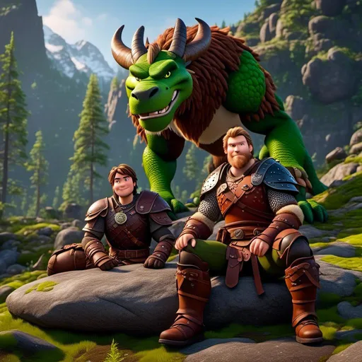 Prompt: <mymodel>Male viking warrior, thin and light muscle build, sitting on a boulder in the forest, there is a large green dragon with a flat body build standing next to the viking, viking has short brown hair, green eyes, green armor, brown gear, brown pants, brown boots, historical, strong and natural lighting, 8K octane, unreal engine