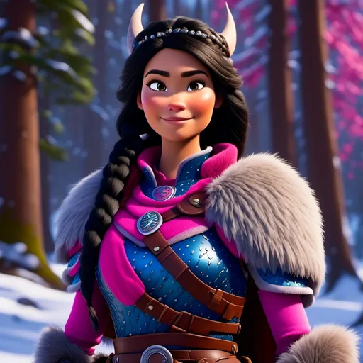 Prompt: <mymodel>CGI Animation, close-up portrait of the face, 20-year-old-old viking woman of royalty standing in the forest, a snowy scene, {{pink gear, blue armor}}, black hair, beads in hair pulled back for straight hair, subtle smile, unreal engine 8k octane, 3d lighting, close up camera shot on the face, full armor