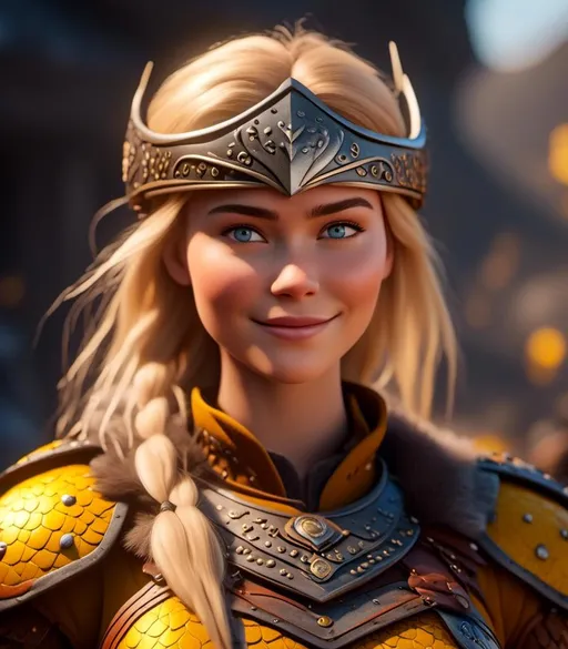 Prompt: <mymodel>CGI Animation, digital art, 20-year-old-old viking woman with light blue eyes, yellow clothes, gold colored armor, blonde straight hair, a mask on her eyes, subtle smile, unreal engine 8k octane, 3d lighting, close up camera shot on the face, full armor