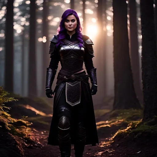 Prompt: <mymodel>25-year-old viking woman, subtle smile, light blue eyes, black gear, bright black armor, black textures and highlights, standing in the shadows of the forest, short focus, blurry background, moonlit scene, unreal engine 8k octane, 3d lighting, full body, full armor