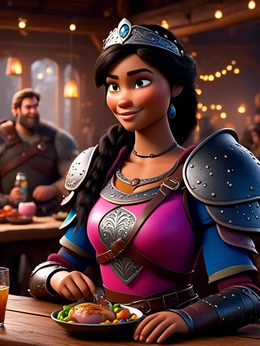 Prompt: <mymodel>CGI Animation, digital art, 20-year-old-old viking woman of royalty standing a busy tavern having a meal with a woman friend, {{pink gear, blue armor}}, black hair, straight hair with a tiara, subtle smile, unreal engine 8k octane, 3d lighting, close up camera shot on the face, full armor