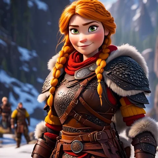 Prompt: <mymodel>CGi Animation, 25-year-old viking woman warrior with yellow eyes, a snowy scene, the viking woman has a subtle smile, hazel color hair, she has dark yellow gear, orange armor with bursts of red textured splotches, black pants, black boots
