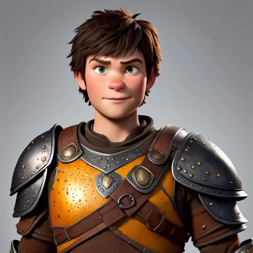 Prompt: <mymodel>Animated CGI style of a fierce 24-year-old Caucasian Viking with dark hair, medium body build, intense gaze, realistic yellow light armor with bursts of orange textures, high quality, CGI, realistic, intense gaze, viking, male, Caucasian, detailed facial features, highres, professional, intense lighting