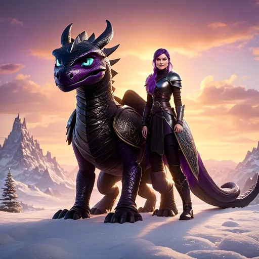 Prompt: Photo of <mymodel> standing next to her ((black)) razorwhip dragon from How to Train Your Dragon in the snow, she has light blue eyes