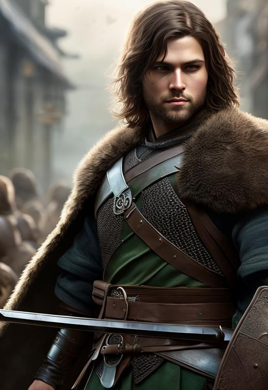 Prompt: he has short brown hair, create most handsome fictional male viking warrior, short brown hair, light green eyes, extremely detailed environment, detailed background, intricate, detailed skin, professionally color graded, photorealism, 16k, moody lighting