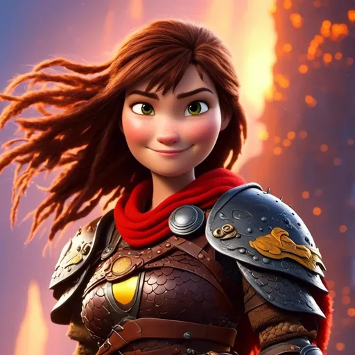 Prompt: <mymodel>CGI Animation of a viking female, brown hair, hazel eyes, bright red gear and armor, yellow highlights and textures, intricate details, high quality, digital painting, cool tones, dramatic lighting