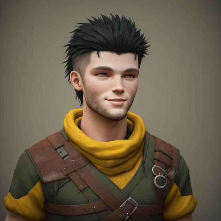 Prompt: Digital art, 22-year-old viking man, viking gear, black hair, short black stubble beard, subtle smile, hazel eyes, yellow viking gear, adventurer, unreal engine 8k octane, 3d lighting