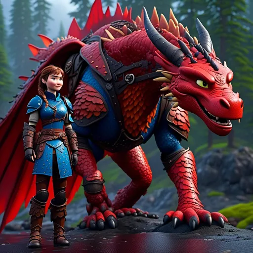 Prompt: <mymodel>CGi Animation, 20-year-old viking woman with blue eyes, a rainy scene, she is standing next to a bright red dragon with blue highlights, they are both in the rain, the viking woman has a subtle smile, brown hair with two pigtail braids, she has red gear, blue armor, black pants, black boots