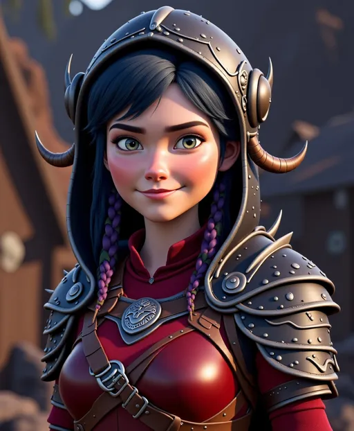 Prompt: <mymodel>CGI Animation, digital art, 20-year-old-old viking woman with violet eyes, Dark red Long sleeve shirt, skirt with dragon teeth on it, wears the snow wraith hood, ((dark dark blue hair with teal, pink and purple streaks)), standing in a viking village, subtle smile, unreal engine 8k octane, 3d lighting, close up camera shot on the face, full armor