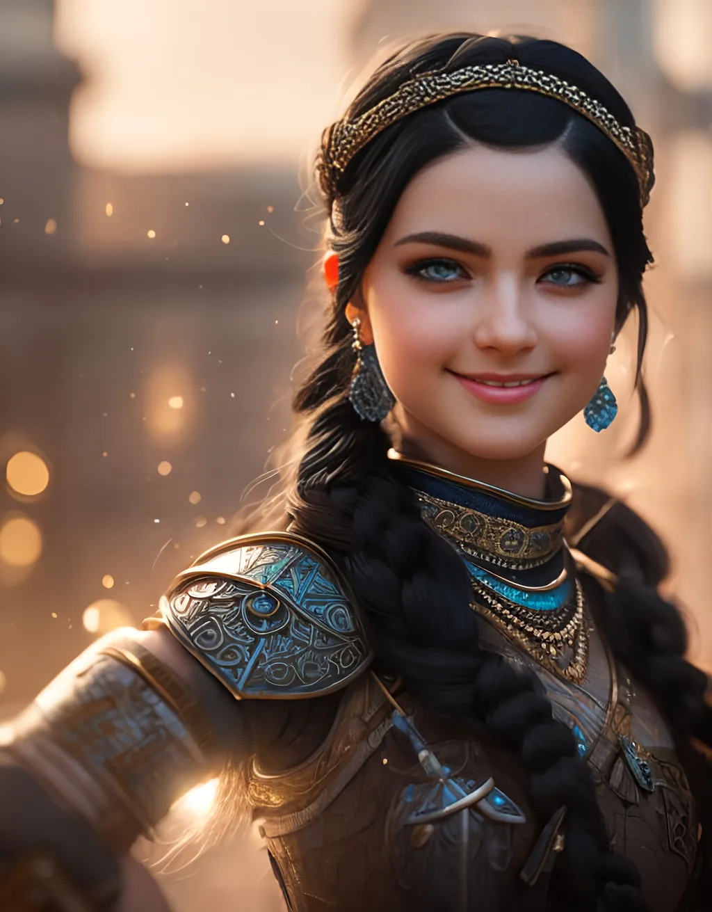 Prompt: she has black hair, create most beautiful fictional female princess viking warrior, hopeful smile, black hair, light blue eyes, extremely detailed environment, detailed background, intricate, detailed skin, professionally color graded, photorealism, 8k, moody lighting