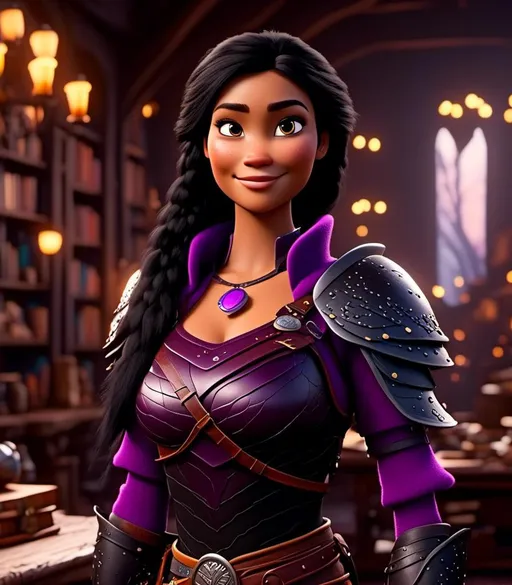 Prompt: <mymodel>CGI Animation, digital art, 20-year-old-old viking woman with light blue eyes, she is standing in her library, she is of royalty, {{black gear, purple armor}}, black hair with purple strands, single braid down her shoulder with a tiara, subtle smile, unreal engine 8k octane, 3d lighting, close up camera shot on the face, full armor