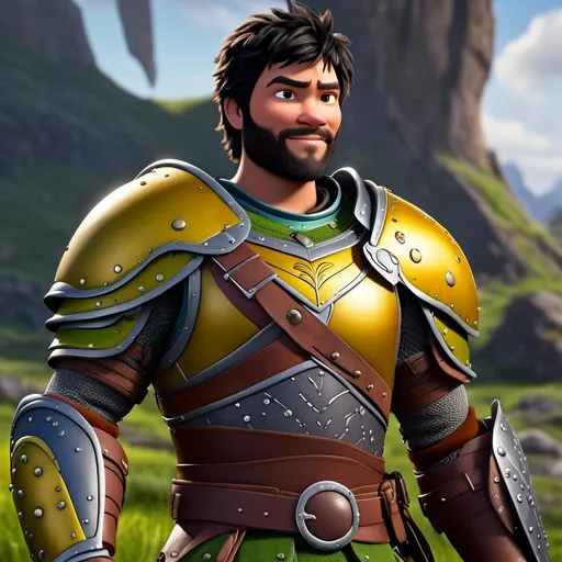 Prompt: <mymodel>Animated CGI style of a fierce ((Caucasian Viking male)) with black hair of the style of side swept undercut, joyous gaze, yellow gear and green armor, realistic clothing textures, high quality, CGI, realistic, viking, male, Caucasian, detailed facial features, highres, professional, intense lighting