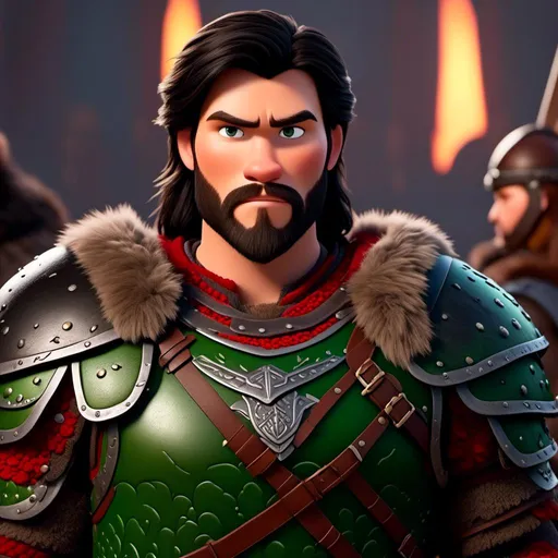 Prompt: <mymodel>Animated CGI style of a fierce Viking male about 25 years old, black hair, detailed facial features, leather armor {{((red))}} and green armor, battle axe and shield, standing inside The Great Hall, intense and determined expression, dynamic and powerful pose, high definition, CGI, detailed armor, fierce female, Nordic designs, battle-ready, dynamic pose, professional lighting