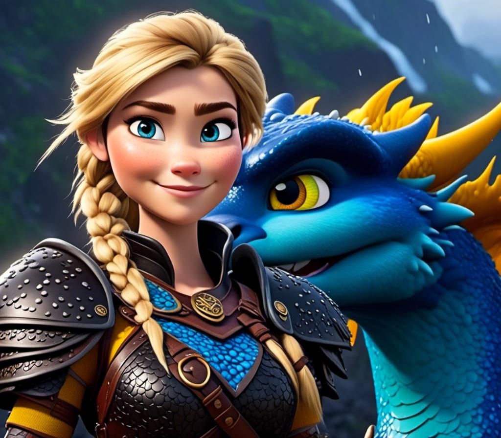 Prompt: <mymodel>CGi Animation, 20-year-old viking woman with blue eyes, a rainy scene, she is standing next to a bright blue dragon with gold highlights, they are both in the rain, the viking woman has a subtle smile, blonde hair in a ponytail style, she has blue gear, gold armor, black pants, black boots