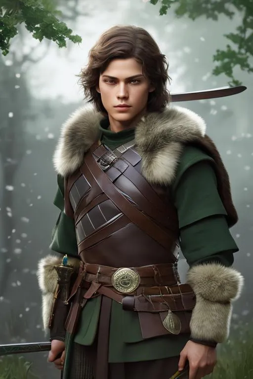 Prompt: he has short brown hair, create most handsome fictional male viking warrior, short brown hair, light green eyes, extremely detailed environment, detailed background, intricate, detailed skin, professionally color graded, photorealism, 16k, moody lighting