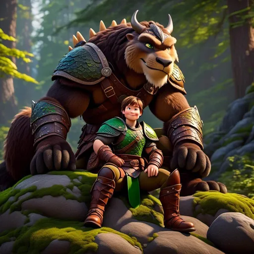 Prompt: <mymodel>Male viking warrior, thin and light muscle build, sitting on a boulder in the forest, there is a large green dragon next to him, short brown hair, green eyes, green armor, brown gear, brown pants, brown boots, historical, strong and natural lighting