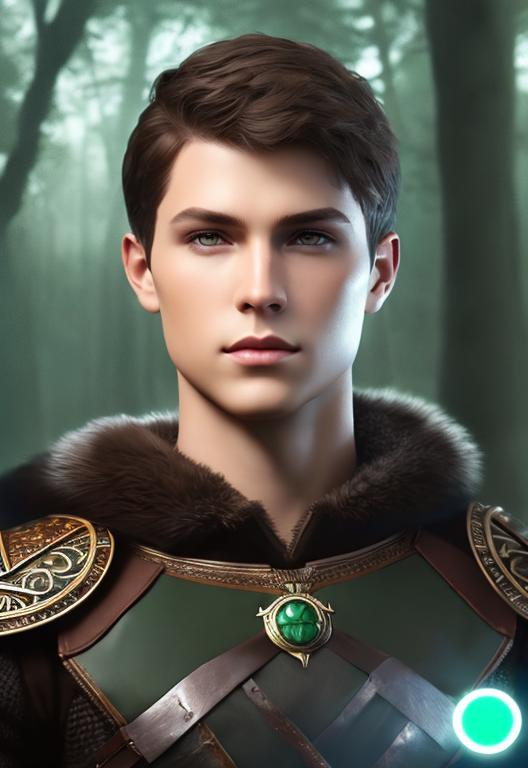 Prompt: he has short brown hair, create most handsome fictional male prince viking warrior, short brown hair, light green eyes, extremely detailed environment, detailed background, intricate, detailed skin, professionally color graded, photorealism, 16k, moody lighting