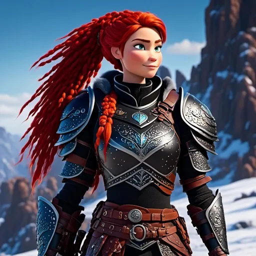 Prompt: <mymodel>CGI animation, 40-year-old woman, red hair, dreadlocks, braids, light blue eyes, black gear, black armor, standing on a snowy plain with her white dragon