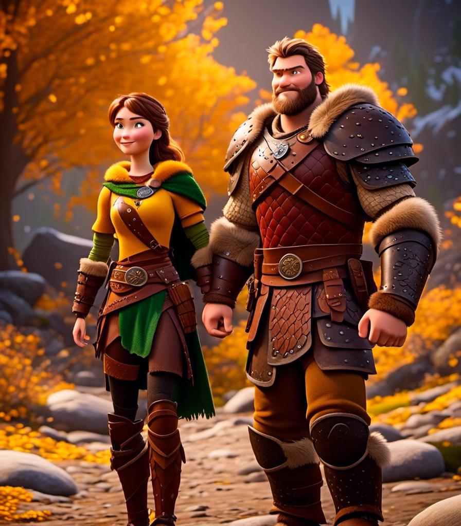 Prompt: <mymodel>CGI Animation, digital art, 20-year-old-old viking woman with light blue eyes standing with her older brother and younger sister, older brother has brown hair and green eyes, her younger sister has brunette hair and brown eyes, the viking woman has yellow clothes, gold colored armor, blonde straight hair, subtle smile, unreal engine 8k octane, 3d lighting, close up camera shot on the face, full armor