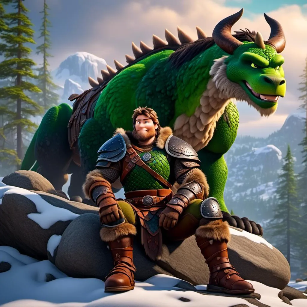 Prompt: <mymodel>Male viking warrior, thin and light muscle build, sitting on a boulder in the forest, there is a green dragon next to him, short brown hair, green eyes, green armor, brown gear, brown pants, brown boots, historical, strong and natural lighting