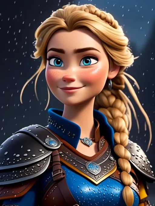 Prompt: <mymodel>CGi Animation, 20-year-old viking woman with blue eyes, ((she is wearing a royal tiara)), a rainy scene, the viking woman has a subtle smile with it pouring down rain, blonde hair in a ponytail style, she has blue gear, gold armor, black pants, black boots