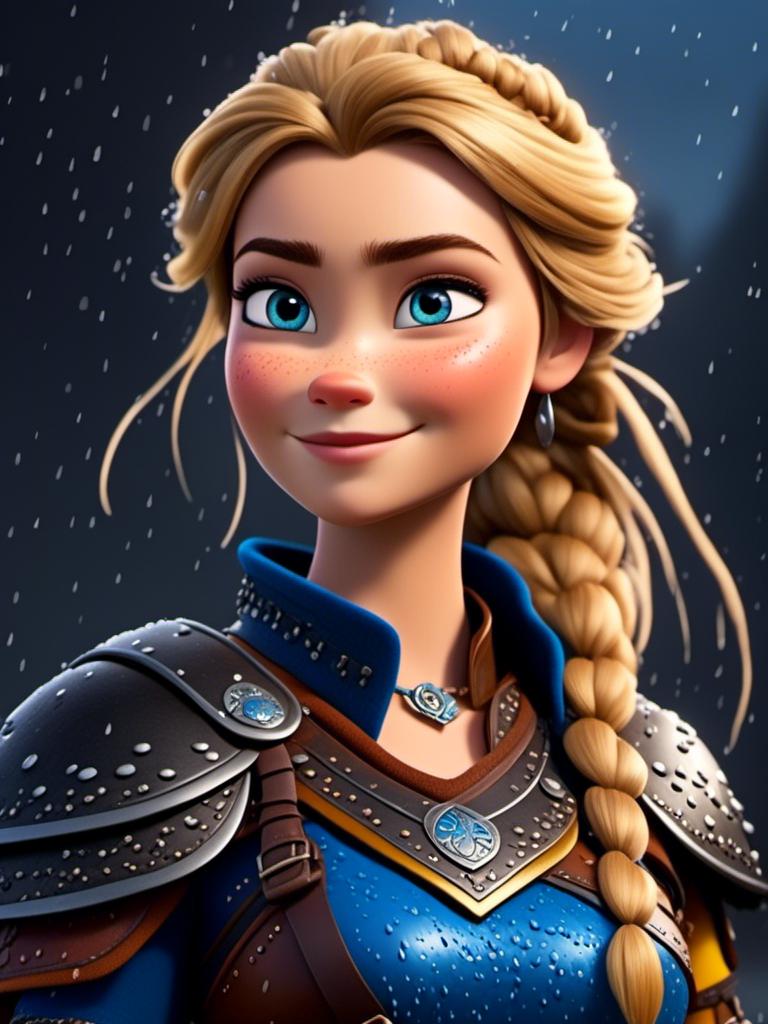 Prompt: <mymodel>CGi Animation, 20-year-old viking woman with blue eyes, ((she is wearing a royal tiara)), a rainy scene, the viking woman has a subtle smile with it pouring down rain, blonde hair in a ponytail style, she has blue gear, gold armor, black pants, black boots