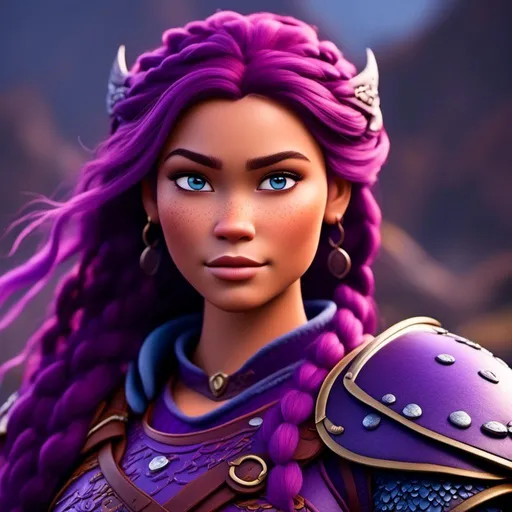 Prompt: <mymodel>a female viking warrior with purple hair, light blue eyes, single braid down shoulder, adorned in regal purple armor, fierce and determined expression, cool tones, dramatic lighting, intricate detailing