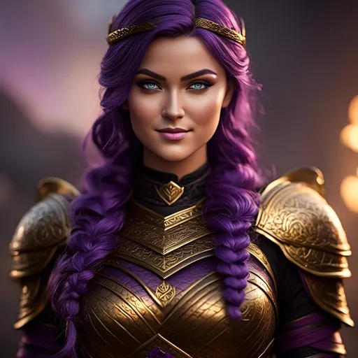 Prompt: create <mymodel> viking, vibrant colors, subtle smile, 23-year-old woman viking, dark purple hair, one braid, black pants, light blue eyes, cut over left eye to on cheekbone, black gear, gold armor, unreal engine 8k octane, 3d lighting, full body, full armor