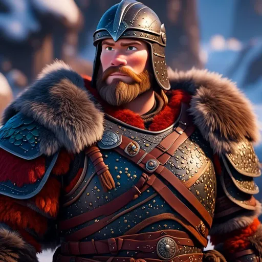 Prompt: <mymodel>Animated CGI style, male viking with a helmet, bright colored armor and gear, realistic textures, high quality, vibrant color palette, atmospheric lighting