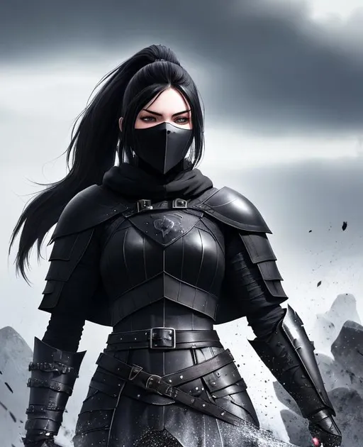 Prompt: Digital Art, a sinister viking woman, black armor, a long black cloak down to the feet, black gear, a black helmet fully covering her face, with a black ponytail coming from the helmet, black bracers, black pants, black boots, unreal engine 16k octane, 3d lightning