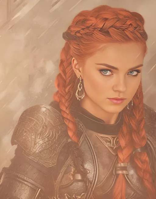 Prompt: she has braided cornrow hair, create most beautiful fictional female viking warrior, red hair, black rogue gear, looking at the camera, extremely detailed environment, detailed background, intricate, detailed skin, professionally color graded, photorealism, 16k, moody lighting