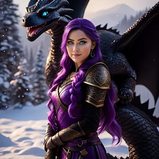 Prompt: Photo of <mymodel> standing next to her ((black)) razorwhip dragon from How to Train Your Dragon in the snow, she has light blue eyes