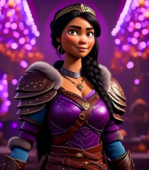 Prompt: <mymodel>CGI Animation, digital art, 20-year-old-old viking woman with light blue eyes, she is standing next to her clan's throne, she is of royalty standing, {{black gear, purple armor}}, purple hair, single braid down her shoulder with a tiara, subtle smile, unreal engine 8k octane, 3d lighting, close up camera shot on the face, full armor