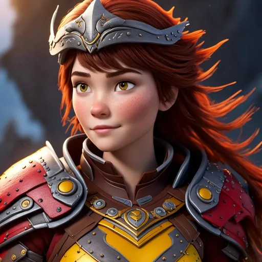 Prompt: <mymodel>CGI Animation of a viking female, brown hair, hazel eyes, bright red gear and armor, yellow highlights and textures, intricate details, high quality, digital painting, cool tones, dramatic lighting