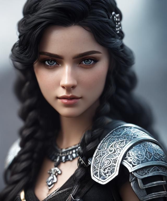 Prompt: she has black hair, create most beautiful fictional female viking princess warrior, black hair, light blue eyes, extremely detailed environment, detailed background, intricate, detailed skin, professionally color graded, photorealism, 8k, moody lighting