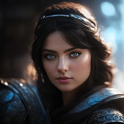 Prompt: she has black hair draped over shoulder, create most beautiful fictional female viking princess warrior, black hair, light blue eyes, extremely detailed environment, detailed background, intricate, detailed skin, professionally color graded, photorealism, 8k, moody lighting