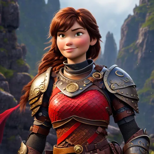 Prompt: <mymodel>CGI Animation of a viking female, brown hair in her face, hazel eyes, bright red gear and light armor, yellow highlights and textures, full light body armor, she has heavy gauntlets on her hands with armored gloves, standing in a viking village, intricate details, high quality, digital painting, cool tones, dramatic lighting