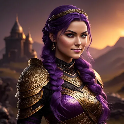 Prompt: create <mymodel> viking, vibrant colors, subtle smile, 23-year-old woman viking, dark purple hair, one braid, black pants, light blue eyes, cut over left eye to on cheekbone, black gear, gold armor, unreal engine 8k octane, 3d lighting, full body, full armor