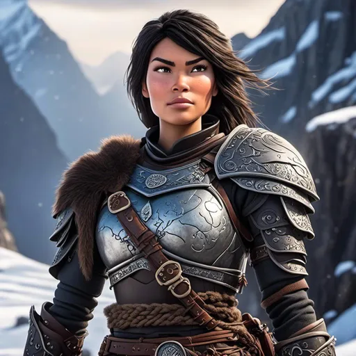 Prompt: <mymodel>animated CGI style, caucasian white, black hair, viking female warrior, detailed braided hair and battle scars, rugged and weathered armor, intense and determined gaze, snowy and rugged landscape, fierce, warrior, detailed hair, battle scars, snowy landscape, intense gaze, weathered armor, dramatic lighting