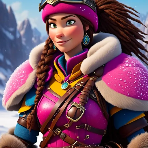 Prompt: <mymodel>CGI Animation, 20-year-old-old pirate woman, riding a horse through the snow, a snowy scene, {{pink gear, yellow armor}}, brunette hair, dreadlocks, subtle smile, beads hair, small pink earrings, multiple braids, pink gear, straight hair, blue eyes, bracelets, rings on fingers, mercenary gear, unreal engine 8k octane, 3d lighting, full armor