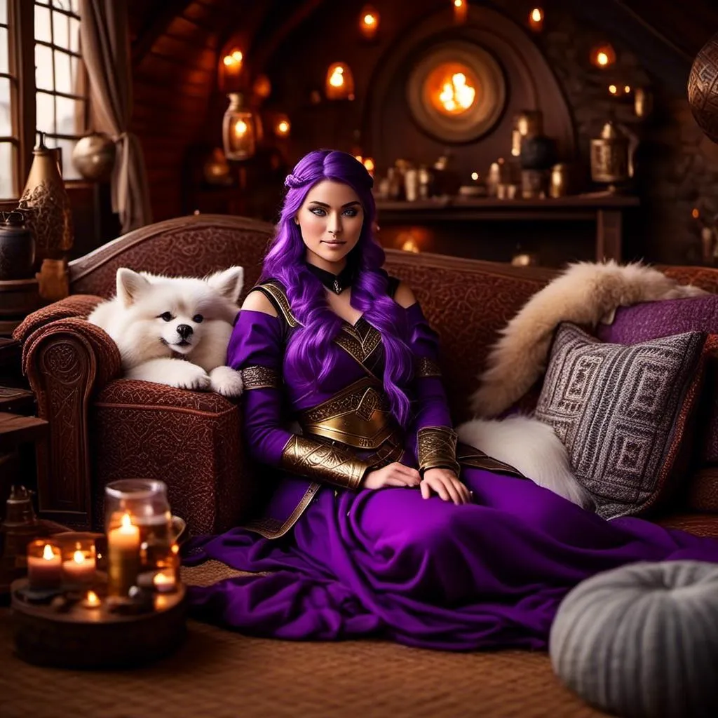 Prompt: Photo of <mymodel> lying on her couch in her viking house