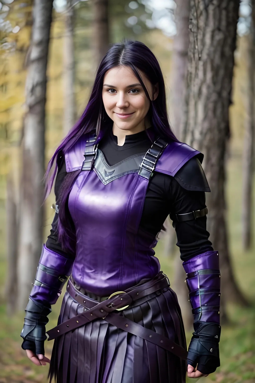 Prompt: Digital Art, 25-year-old viking woman, purple gear, purple clothes, subtle smile, black straight hair, dark purple eyes, a dark purple long-sleeve shirt, textured skirt down to knees, dark purple pants, dark purple armor, long black hair with volume, middle part in hair, leather boots, dark purple gear, unreal engine 64k octane, hdr, 3d lighting, full body, full armor