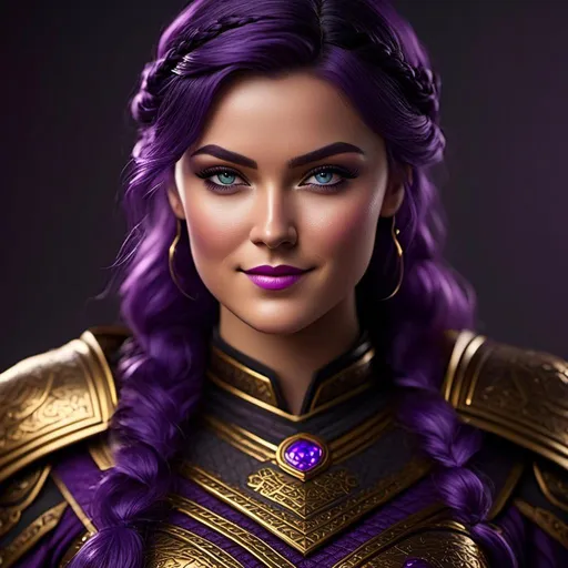 Prompt: create <mymodel> with vibrant colors, subtle smile, 23-year-old woman viking, dark purple hair, one braid, black pants, light blue eyes, cut over left eye to on cheekbone, black gear, gold armor, unreal engine 8k octane, 3d lighting, full body, full armor