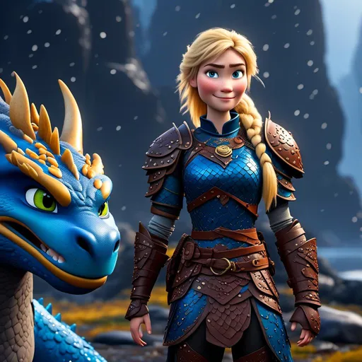 Prompt: <mymodel>CGi Animation, 20-year-old viking woman with blue eyes, a rainy scene, she is standing next to a bright blue dragon with gold highlights, they are both in the rain, the viking woman has a subtle smile, blonde hair in a ponytail style, she has blue gear, gold armor, black pants, black boots