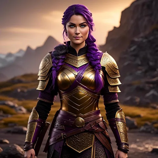 Prompt: create <mymodel> viking, vibrant colors, subtle smile, 23-year-old woman viking, dark purple hair, one braid, black pants, light blue eyes, cut over left eye to on cheekbone, black gear, gold armor, unreal engine 8k octane, 3d lighting, full body, full armor