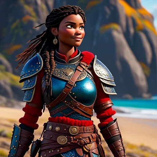 Prompt: <mymodel>CGi Animation, 25-year-old viking woman warrior with brown eyes, a hot summer day at the beach, the viking woman has a subtle smile, black dreadlocks and braids in her hair, she has red gear, gold armor with bursts of blue textured splotches, black pants, black boots
