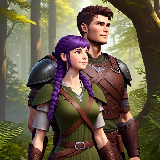 Prompt: <mymodel>Photo of  standing in the forest with his wife Annabeth  who is slightly shorter and has purple hair with a single hair braid down her shoulder